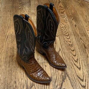 J. Chisholm Ostrich Leather Cowboy Boots - Brown and Black